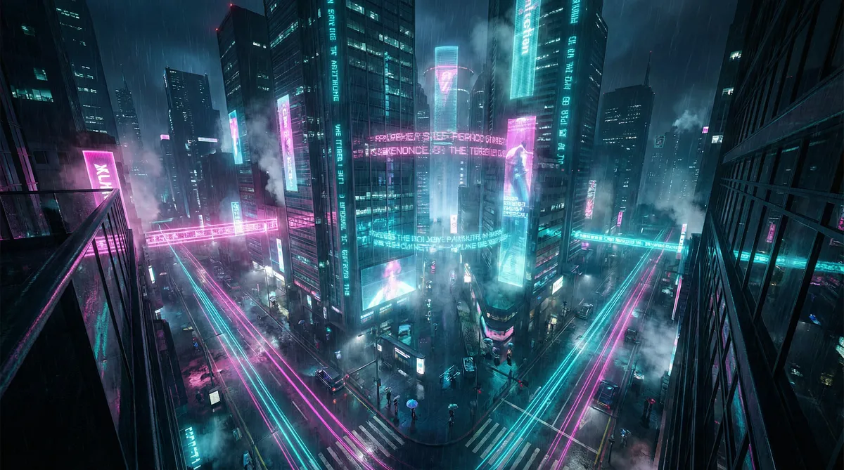 51龙凤茶楼app 竖屏短剧平台首页背景 - 赛博朋克都市夜景